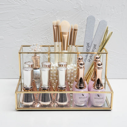 Glass Makeup Organizer Bathroom Cosmetic Organizer With Golden - copper