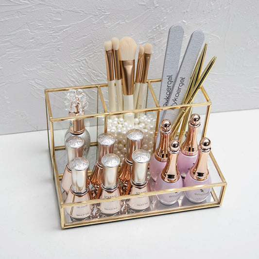 Glass Makeup Organizer Bathroom Cosmetic Organizer With Golden - copper