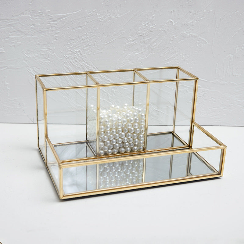 Glass Makeup Organizer Bathroom Cosmetic Organizer With Golden - copper